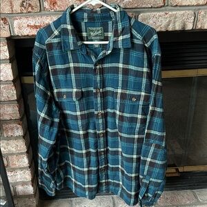 Woolrich Teal and Black Plaid Long Sleeve Button Down Shirt Mens Size XL‎
